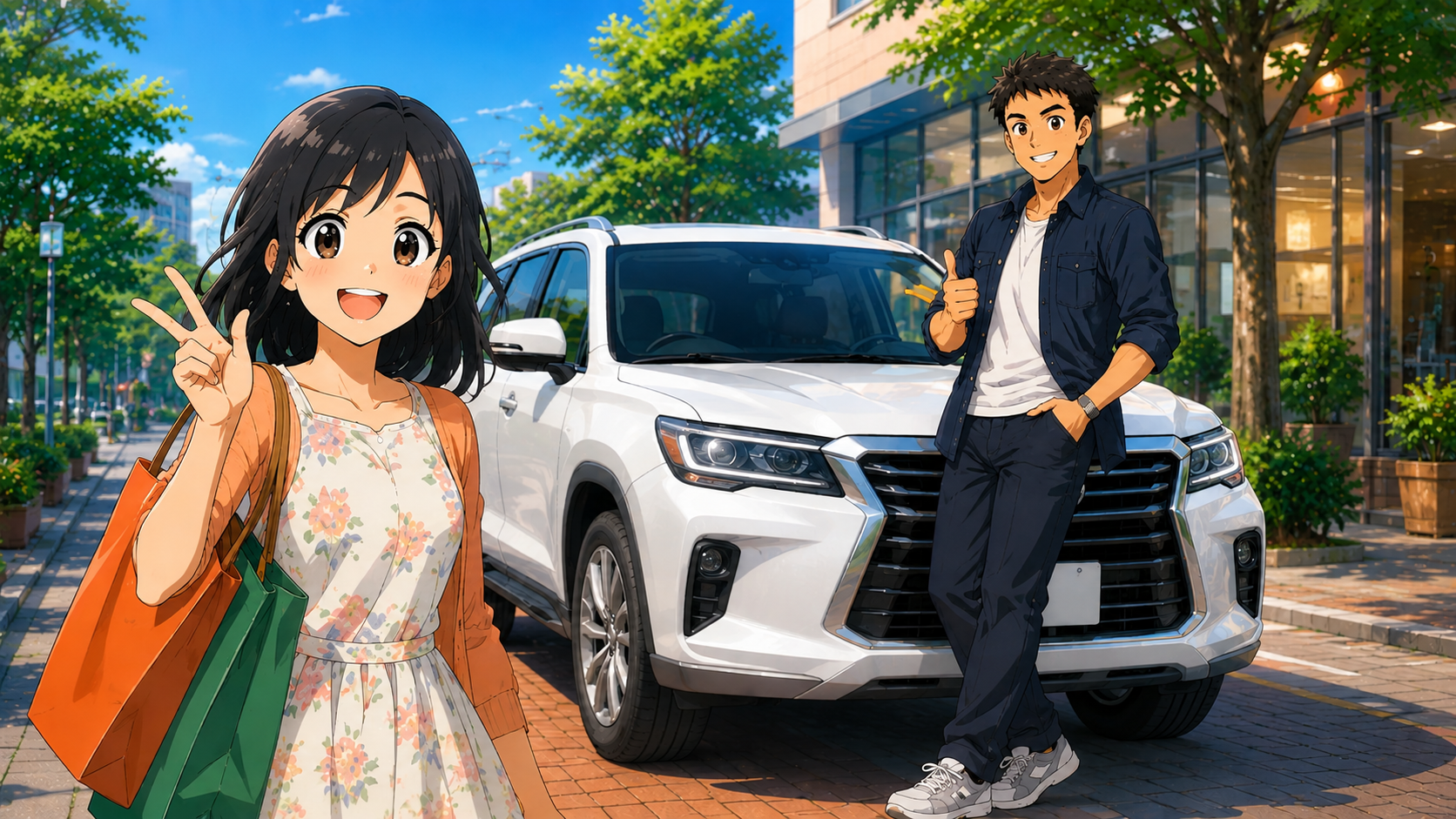 欲しかった服を買って喜ぶゆきのと、SUVの横で満足げな大地