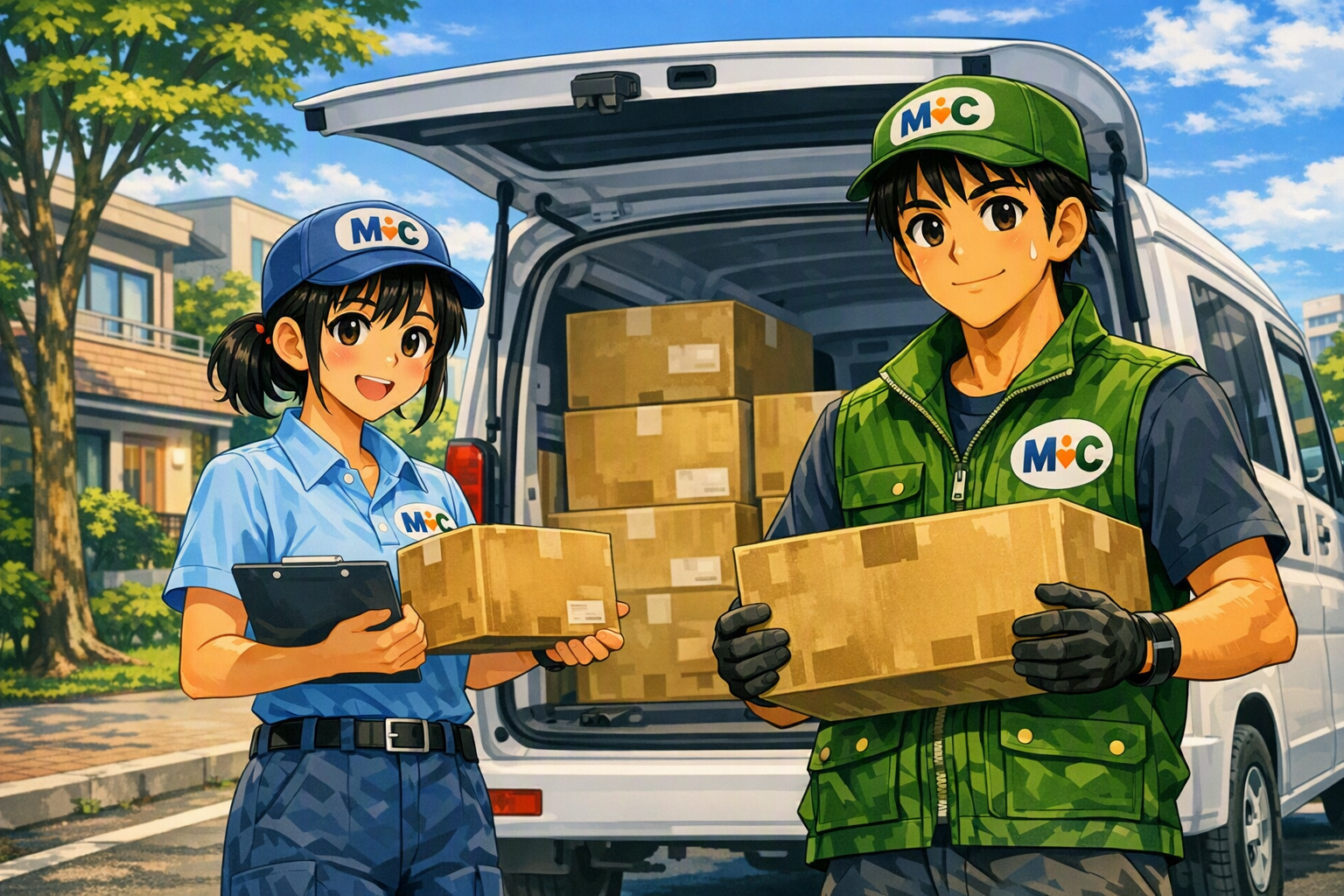 オフィスでゆきのと大地が会社紹介をするシーン