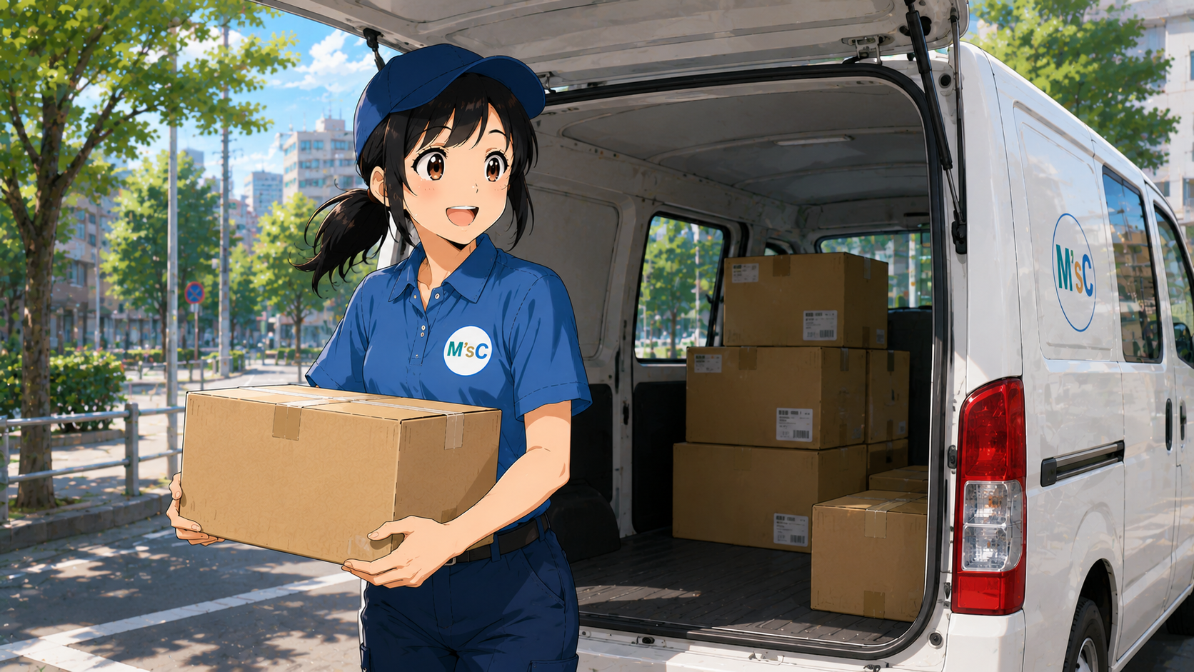 倉庫でゆきのが段ボール箱を運ぶシーン