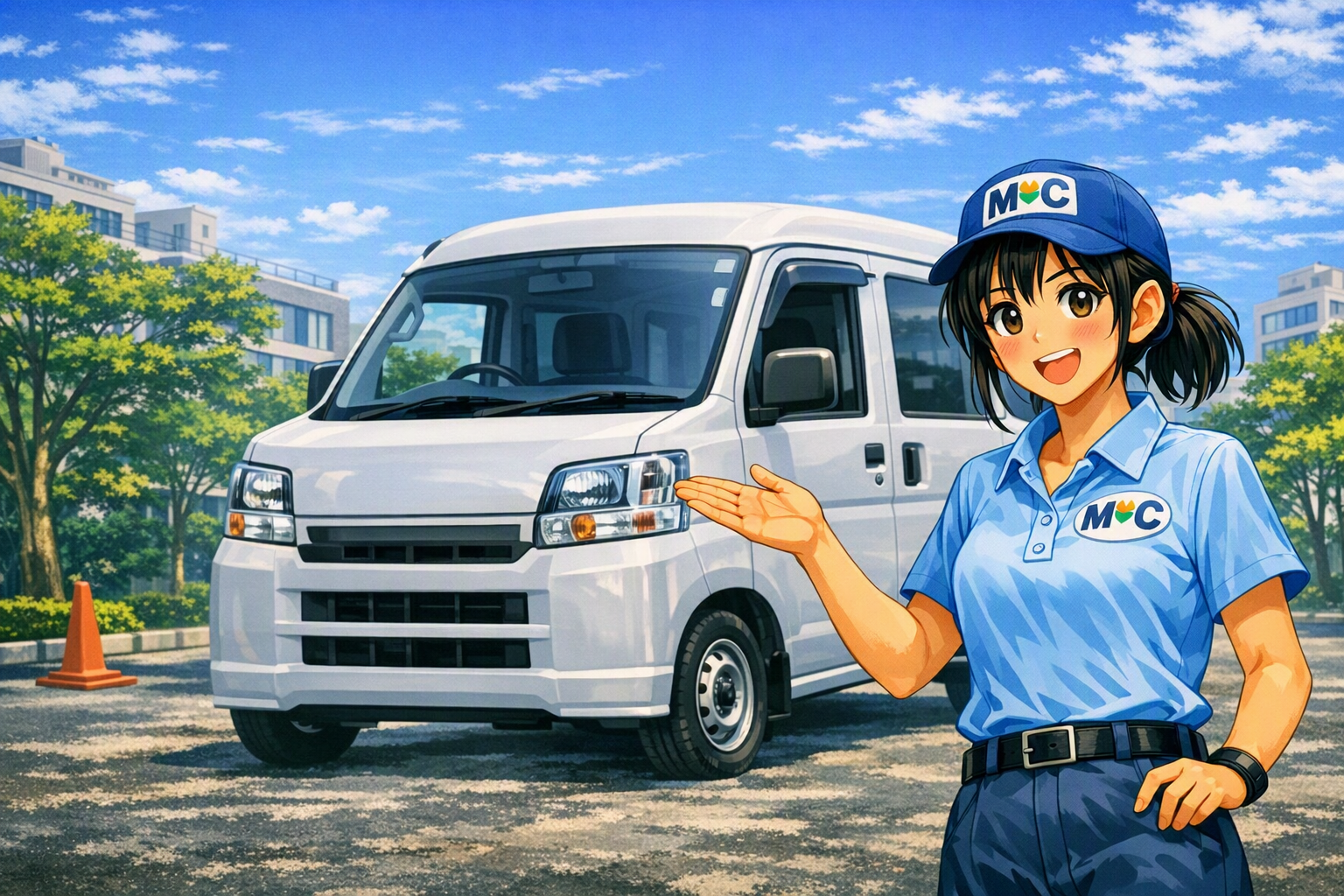 ガレージでゆきのがリース車両を案内するシーン