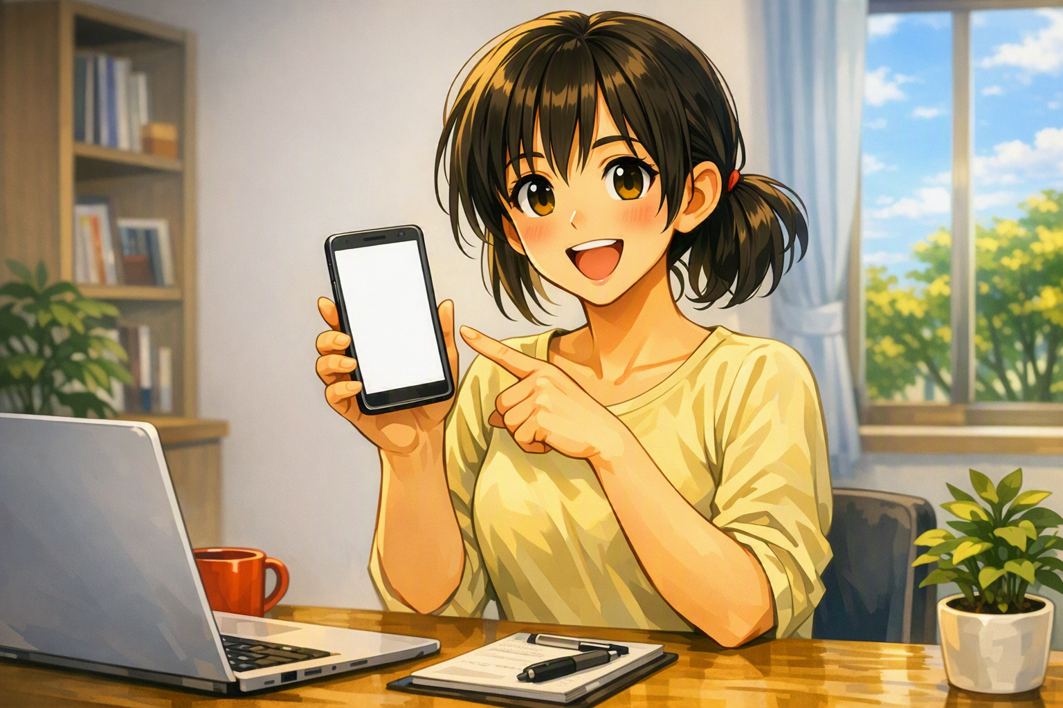 ゆきのがスマートフォンを片手に応募を呼びかけるシーン