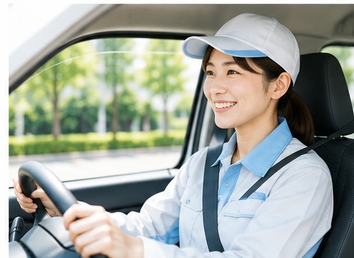 笑顔で安全運転する女性ドライバー